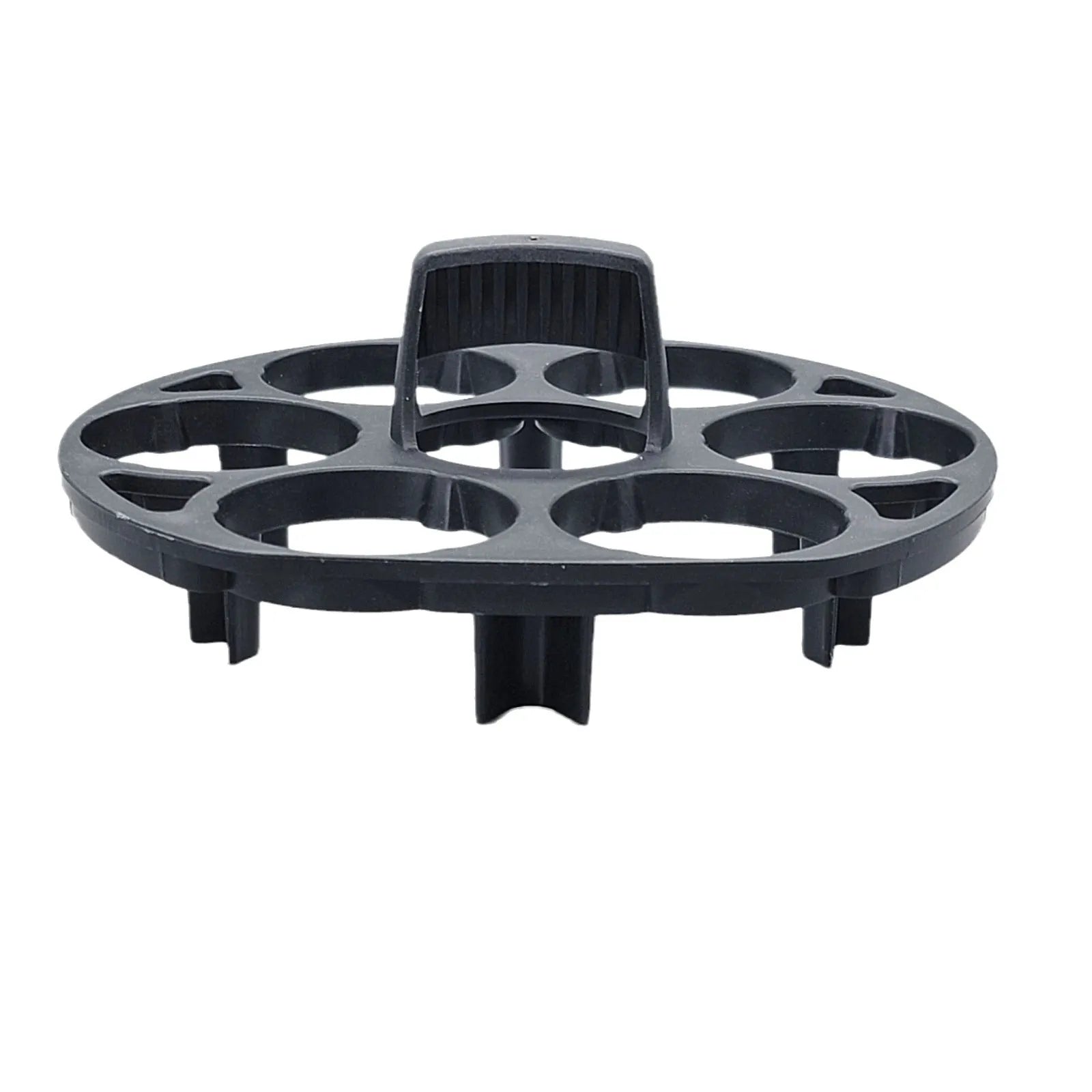 Black plastic egg holder basket with dimensions 13.8 by 12.6 cm.