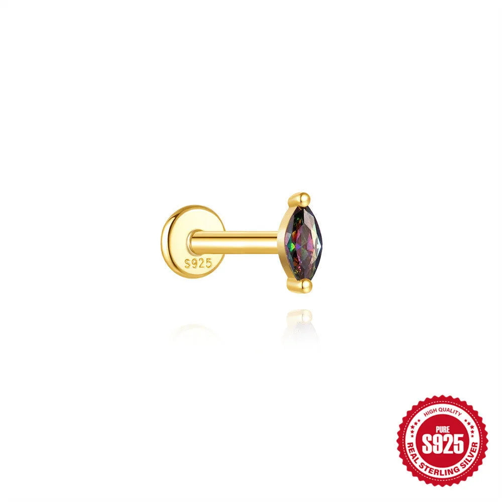 S925 sterling silver thread piercing earring with super shiny rainbow stone flat head in single gold colour.