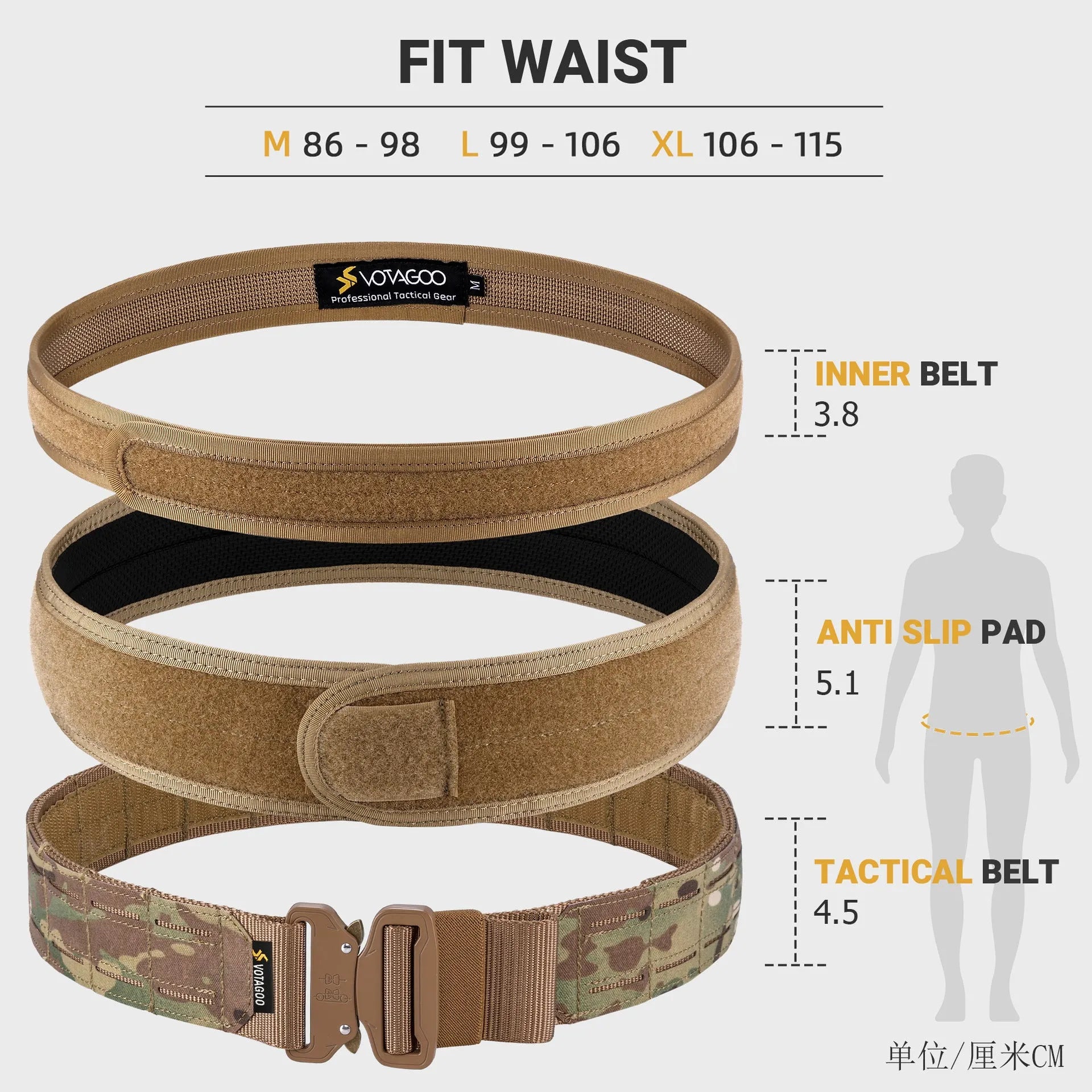 VOTAGOO 2-inch tactical belt with quick-release buckle in CP camouflage, black or grey-brown