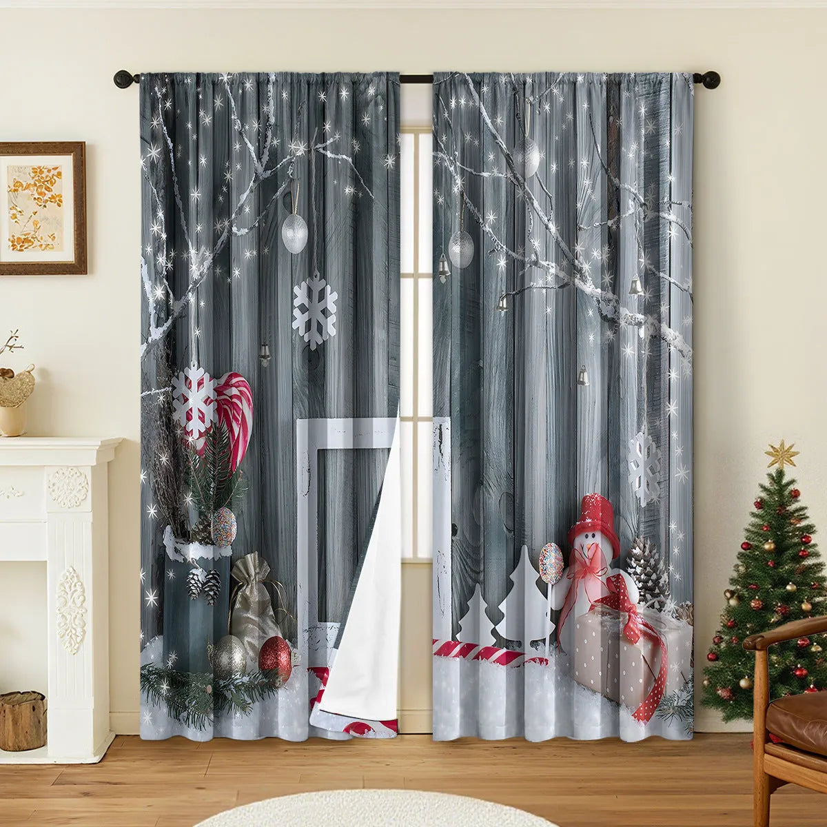 Pair of 3D digital printed polyester Christmas curtains with high sunshade capability in various sizes