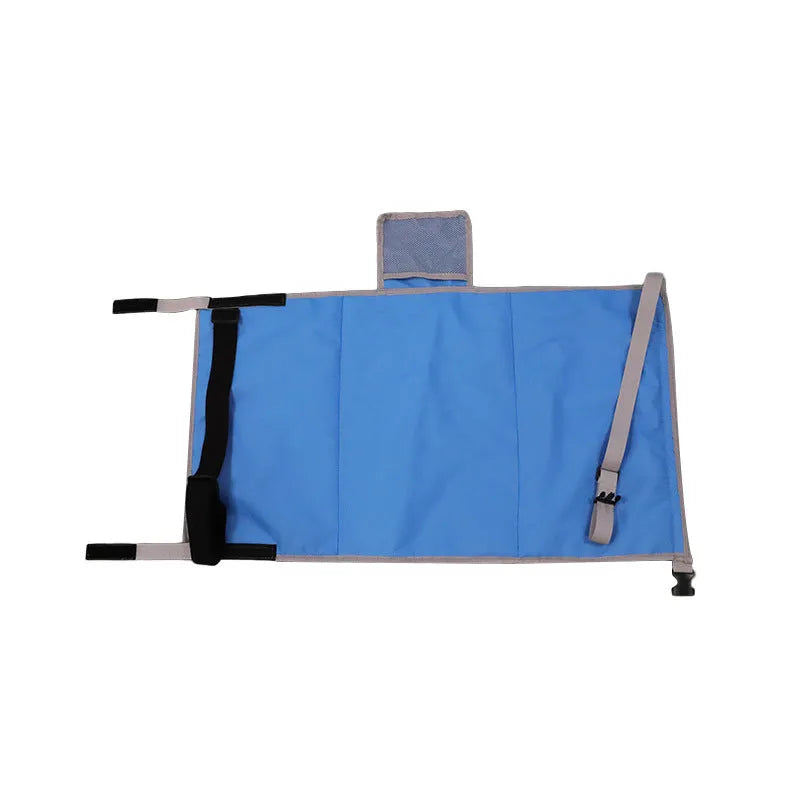 Portable blue children's aircraft seat extender with adjustable pedal device and matching drawstring pocket.