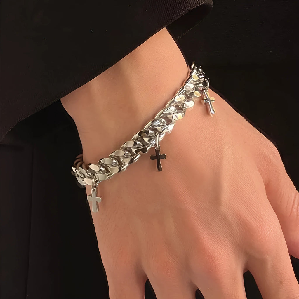 Men's titanium steel bracelet with geometric shape and cross design in a cold wind style.