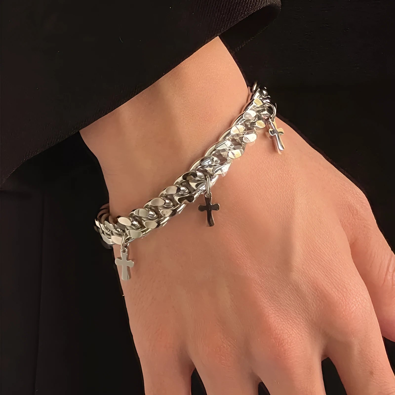 Men's titanium steel bracelet with geometric shape and cross design in a cold wind style.