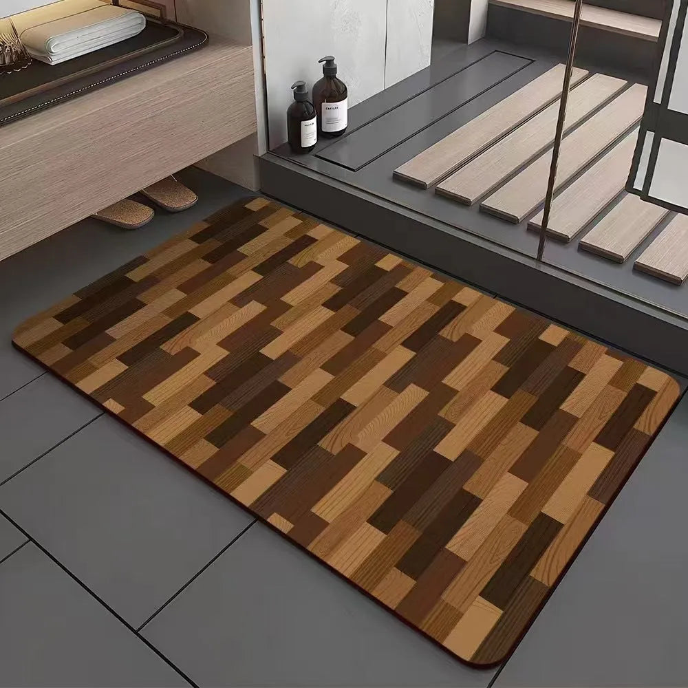 Square American style wood grain patterned diatom ooze bathroom floor mat on a tiled floor.