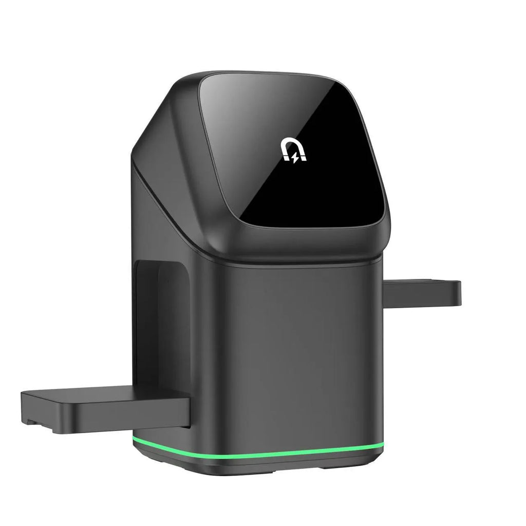 Black magnetic wireless charging stand rotating phone showing Type-C cable connection