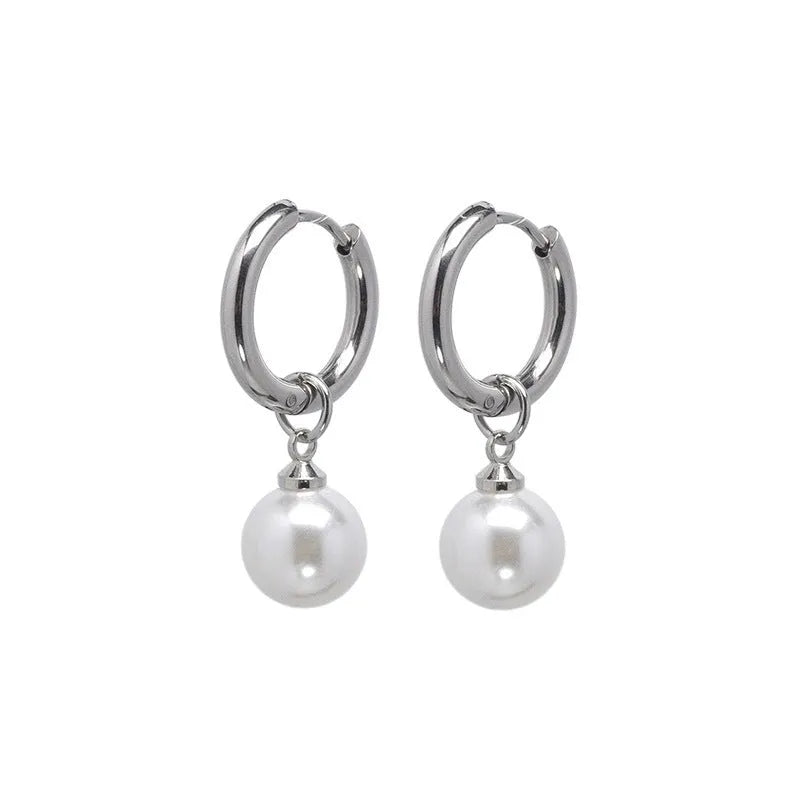 Women's geometric alloy earrings with a round pearl centre and titanium steel post.