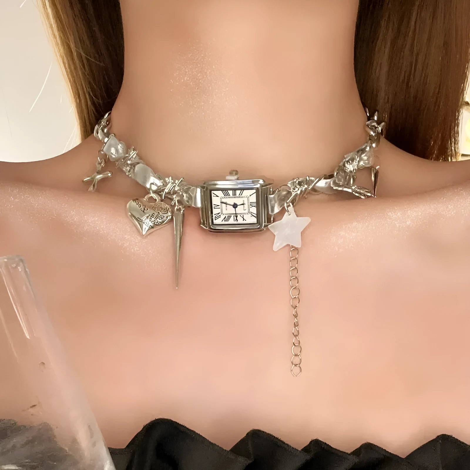 Dark multi-layer cross necklace with twin clavicle chains and adjustable 41-50cm chain