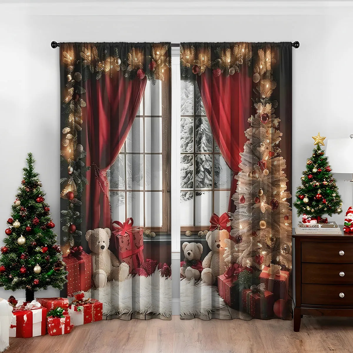 Pair of 3D digital printed polyester Christmas curtains with high sunshade capability in various sizes