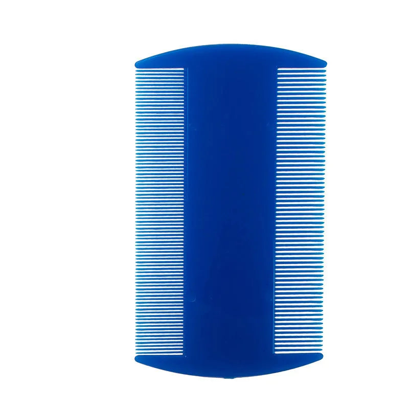 Plastic fine-toothed flea comb in assorted colours showing double-edged design for pet and human grooming