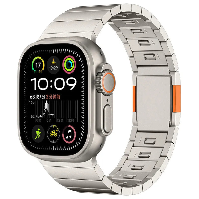 Silver magnetic buckle stainless steel strap for Apple Watch on a wrist