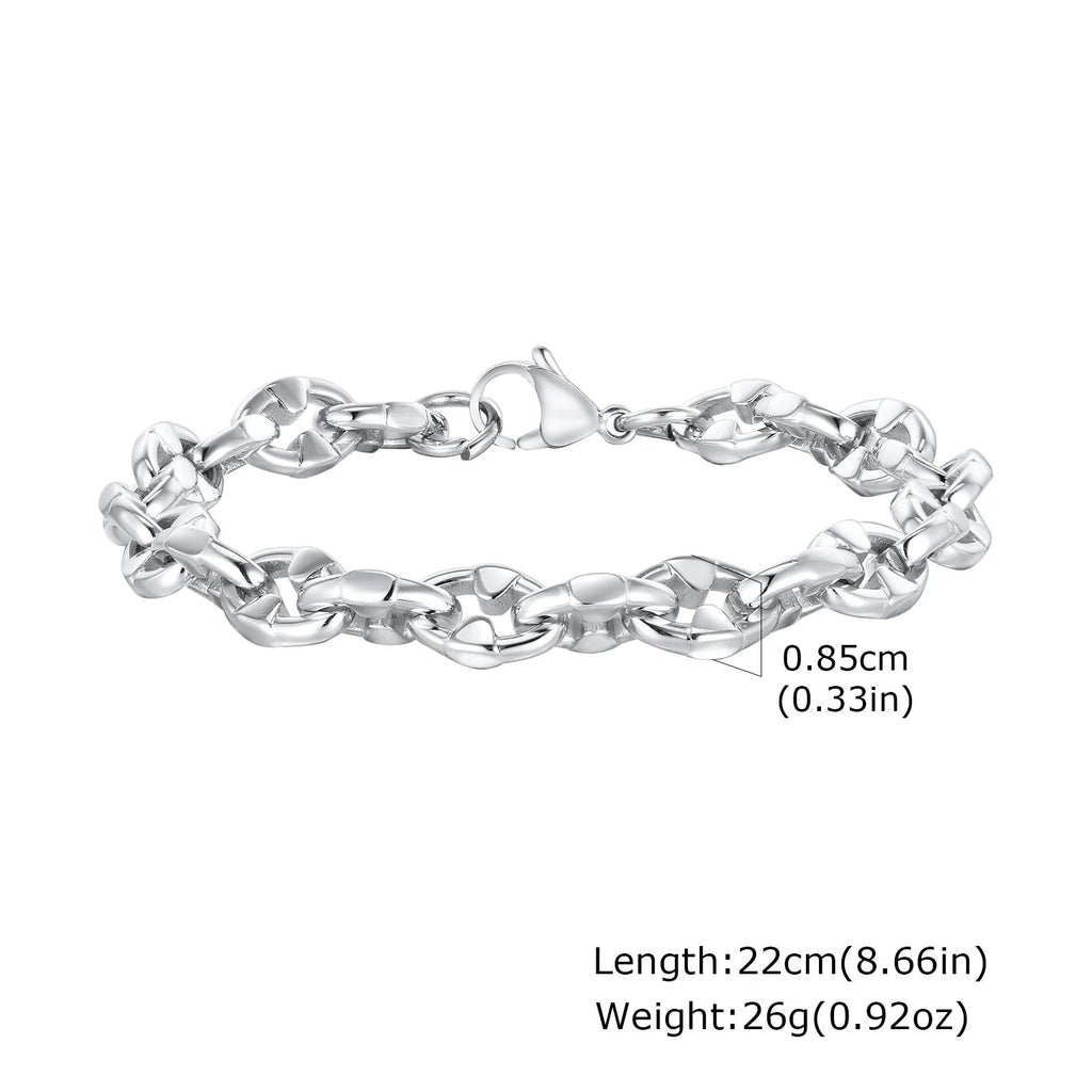 Handmade stainless steel thick chain bracelet with geometric links, steel colour, unisex hip hop style.