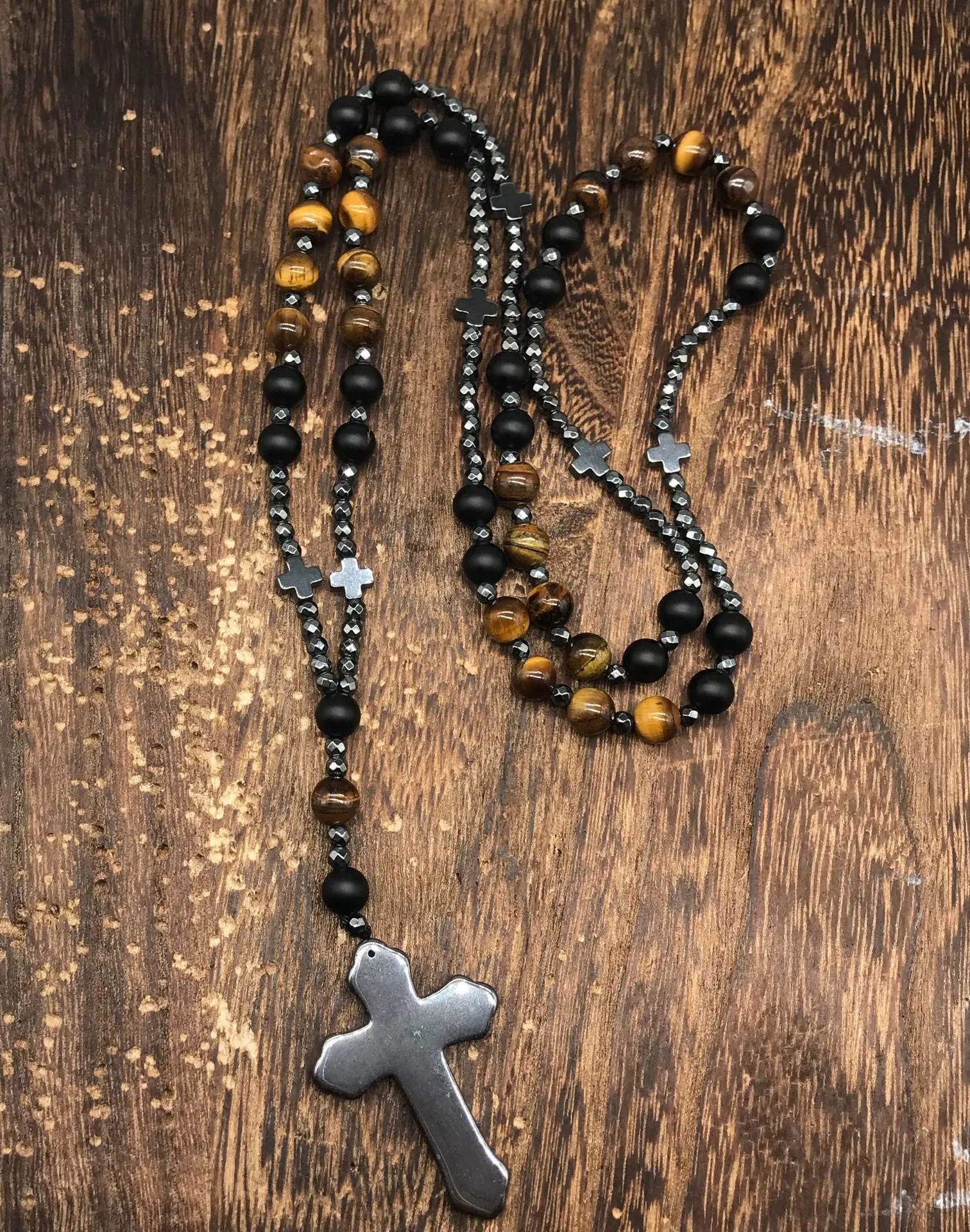Men's stone cross pendant necklace with hand-woven detail on an 80cm ball bead chain.