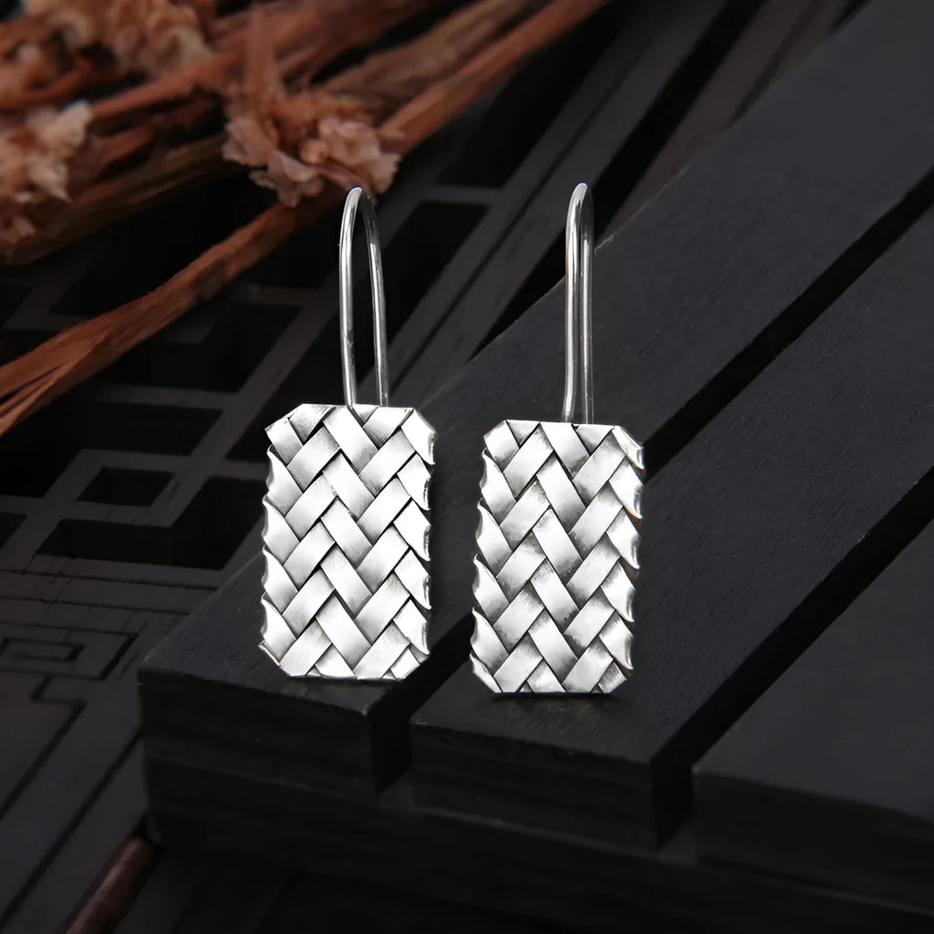 Silver geometric woven diamond plaid drop earrings on 925 sterling silver posts