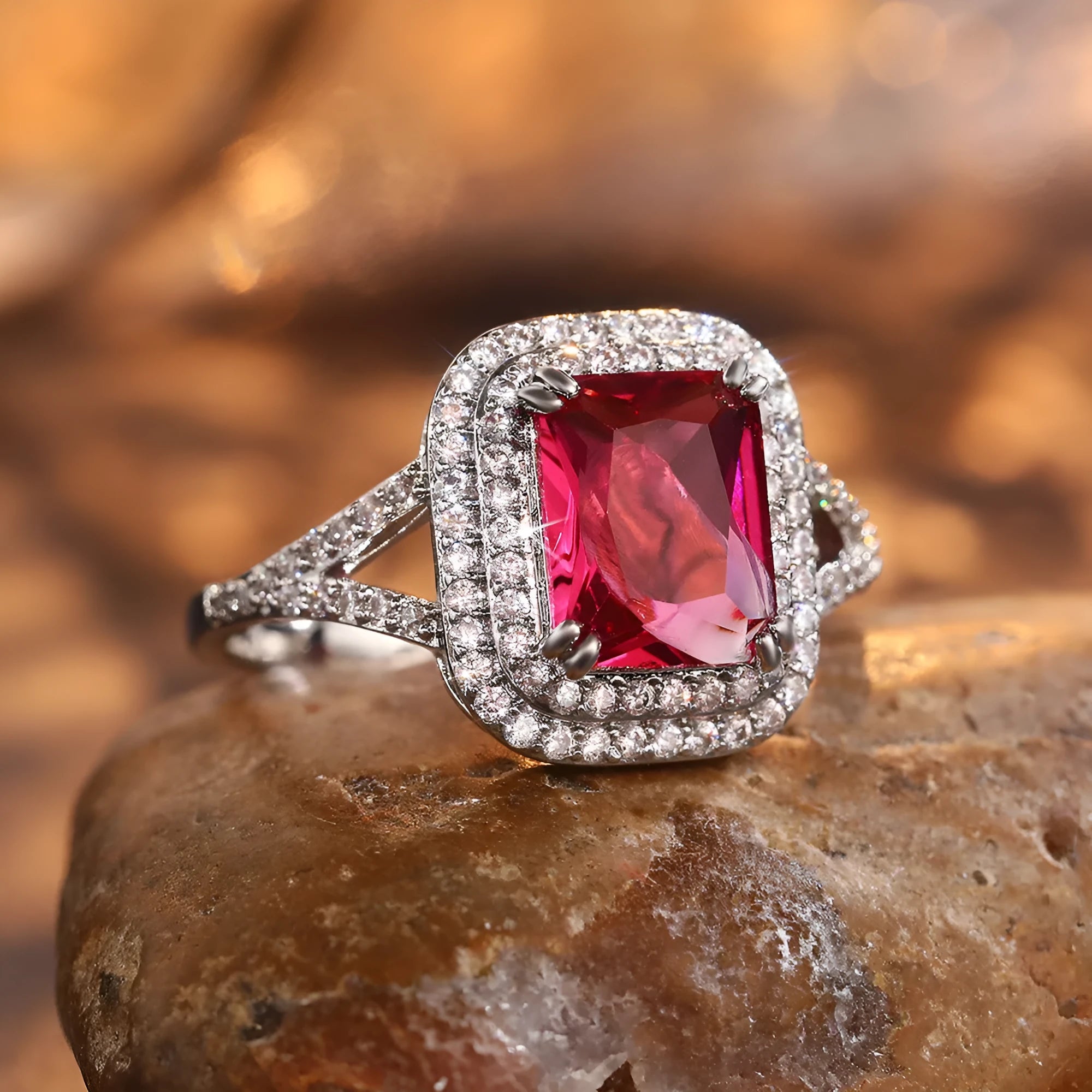 Copper women's ring with square red rhinestone on geometric princess-shaped band