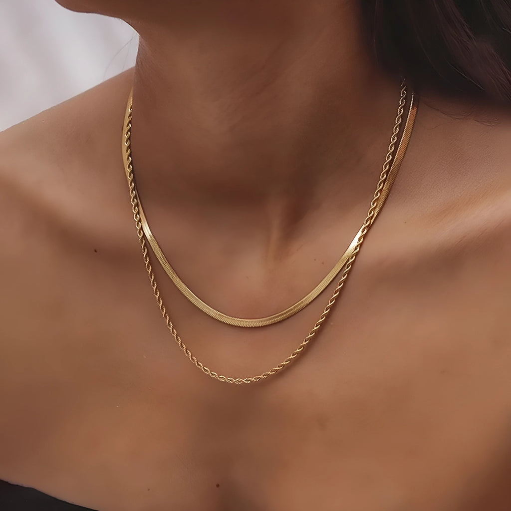 Geometric double-layer twist necklace with adjustable stainless steel snake bones chain