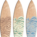 Set of three identical wooden surfboard-shaped wall decorations on a white background.