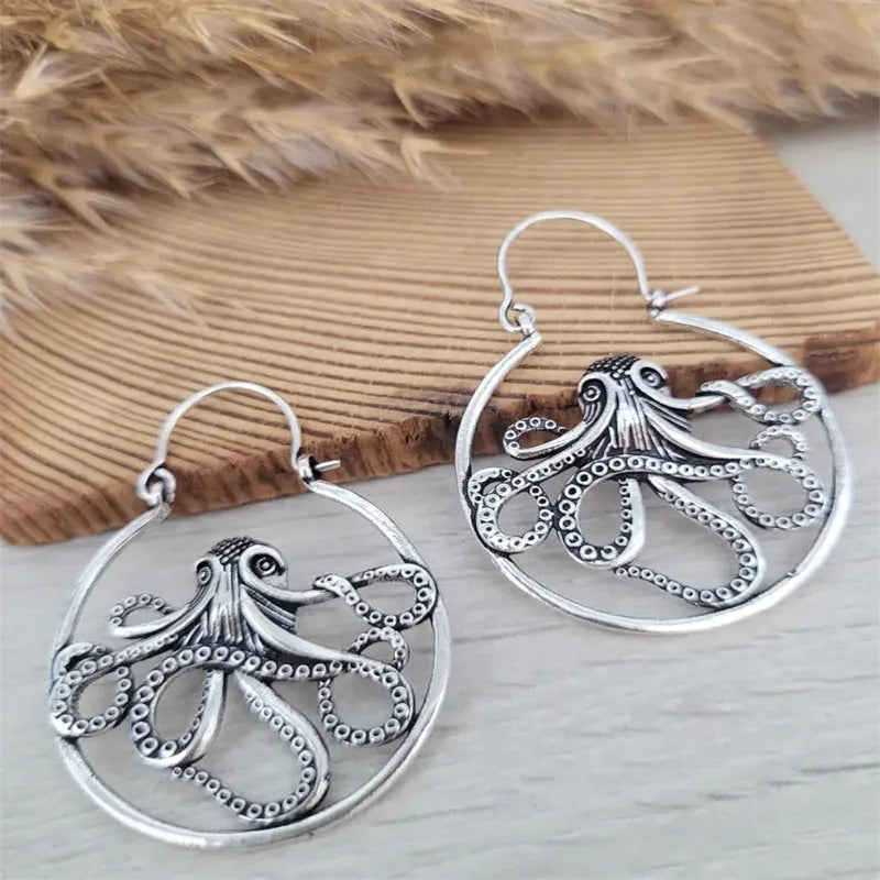 Vintage antique silver octopus earrings with zinc alloy construction and retro animal design