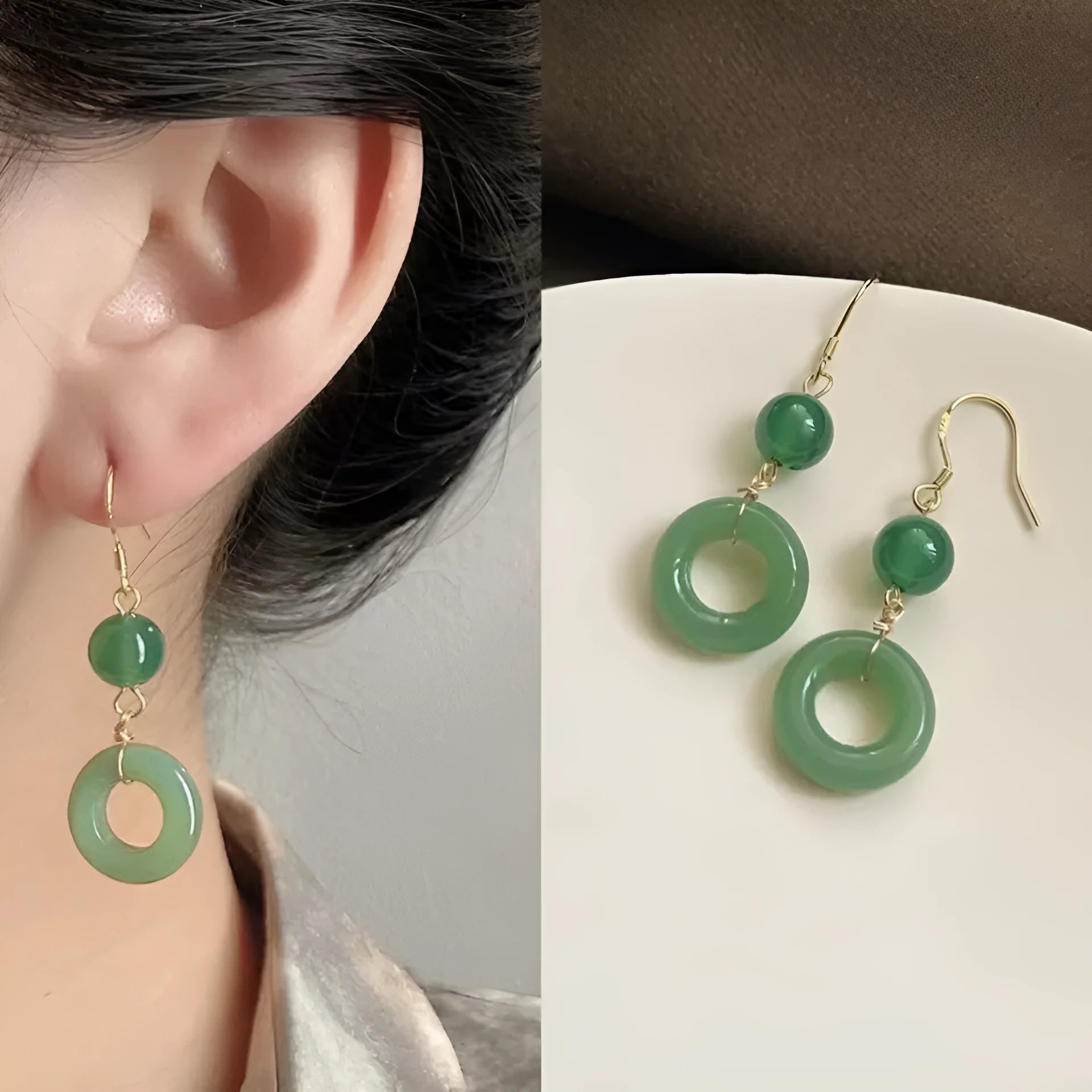 A pair of green geometric peace buckle earrings with a Chinese jade design, made from zinc alloy.