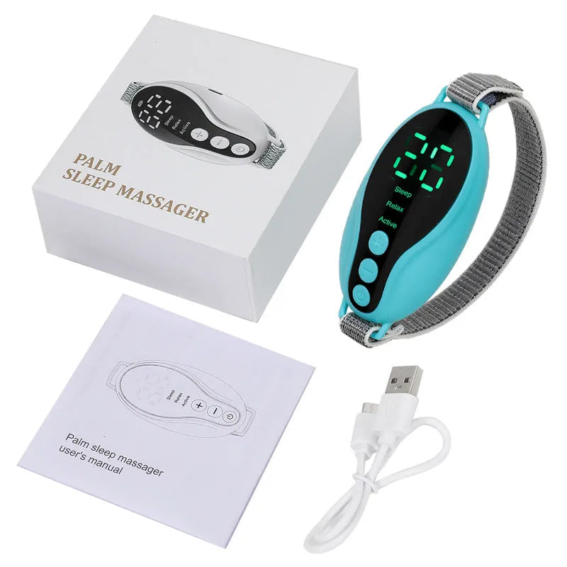 Blue and white USB rechargeable sleep aid device with adjustable wind speed settings