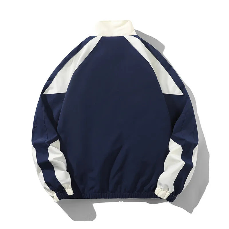 Men's black casual polyester jacket with contrast stitching and side seam pockets.