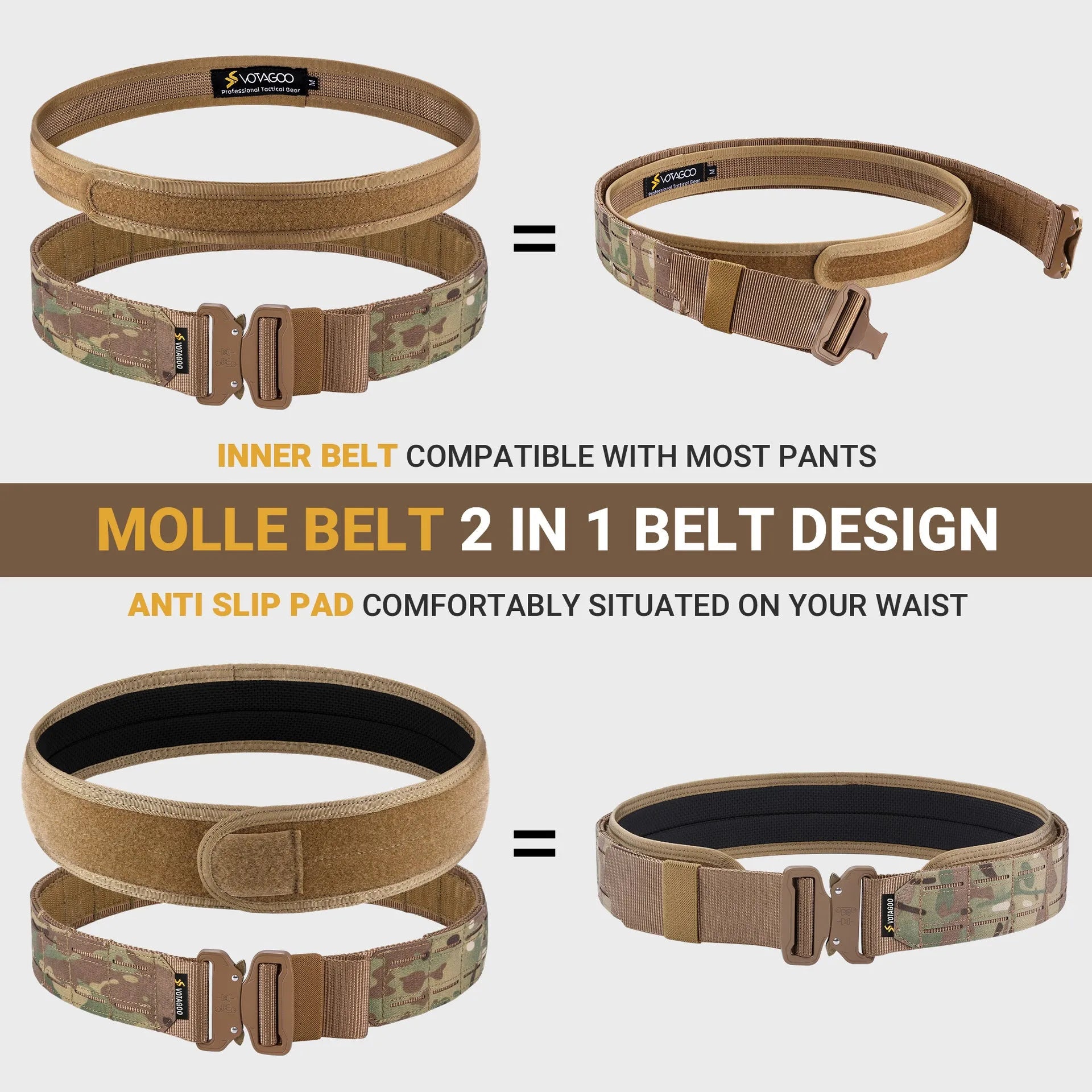 VOTAGOO 2-inch tactical belt with quick-release buckle in CP camouflage, black or grey-brown