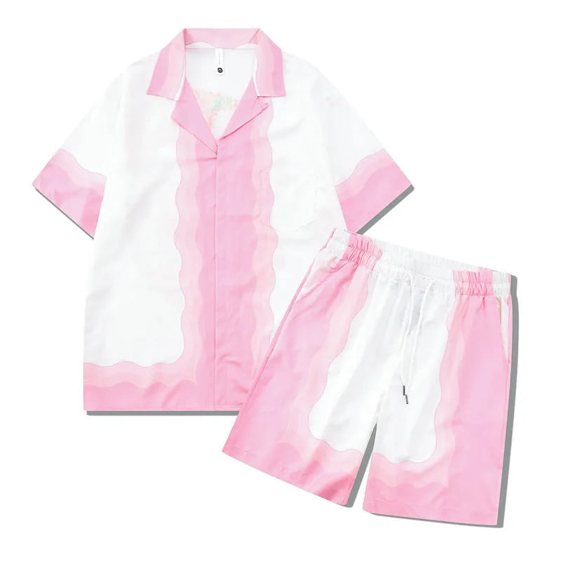 Men's plaid print short sleeve shirt and matching trousers, a two-piece casual beach outfit set.