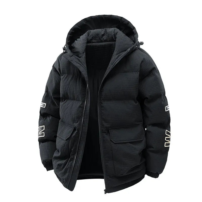 Men's black padded hooded cardigan coat in Korean style with side seam pockets.