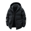 Men's black padded hooded cardigan coat in Korean style with side seam pockets.