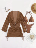 Dark brown women's lace-up bikini suit with backless briefs style on mannequin.