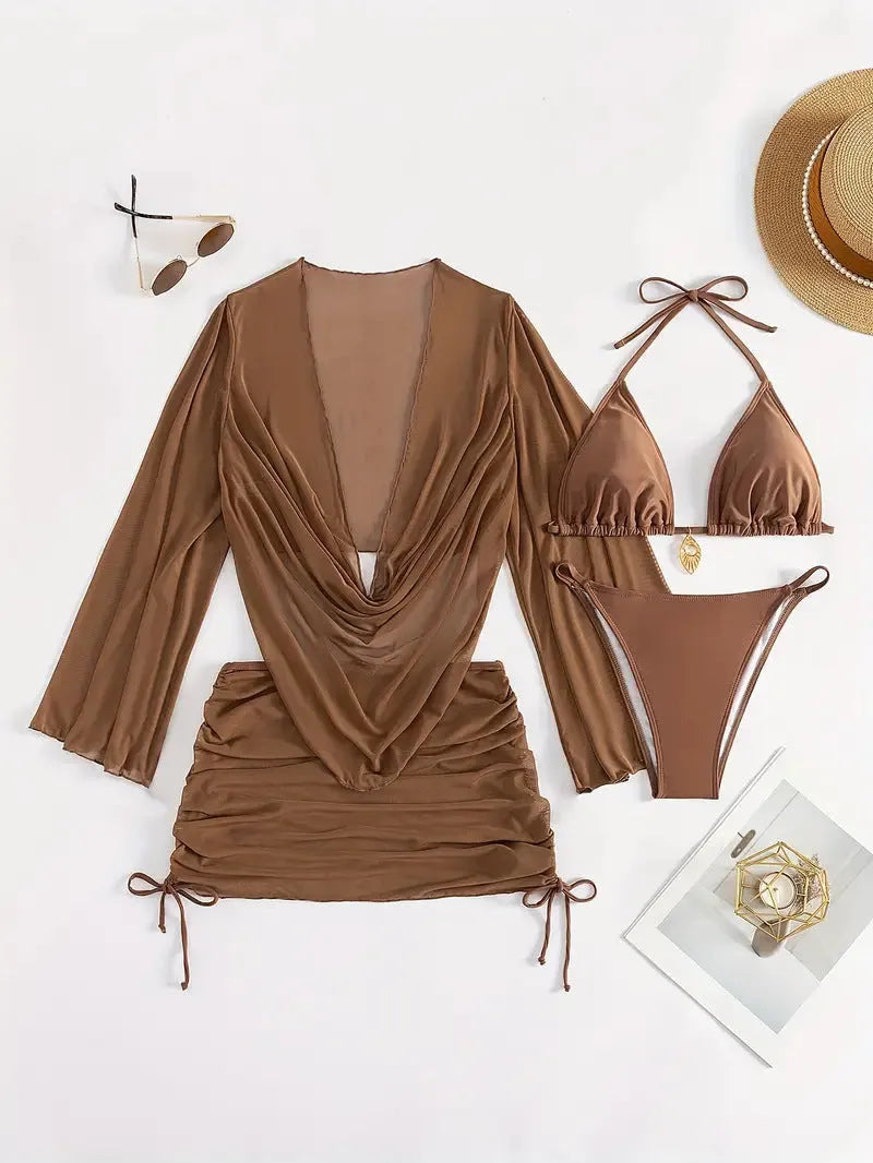 Dark brown women's lace-up bikini suit with backless briefs style on mannequin.