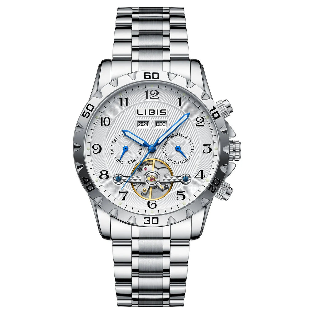 Men's silver steel automatic perpetual calendar mechanical watch with business style design