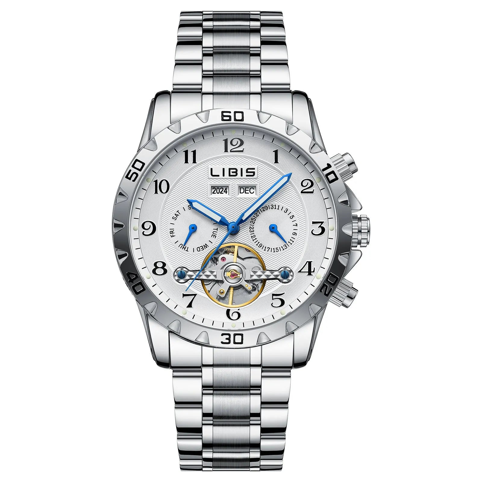 Men's silver steel automatic perpetual calendar mechanical watch with business style design