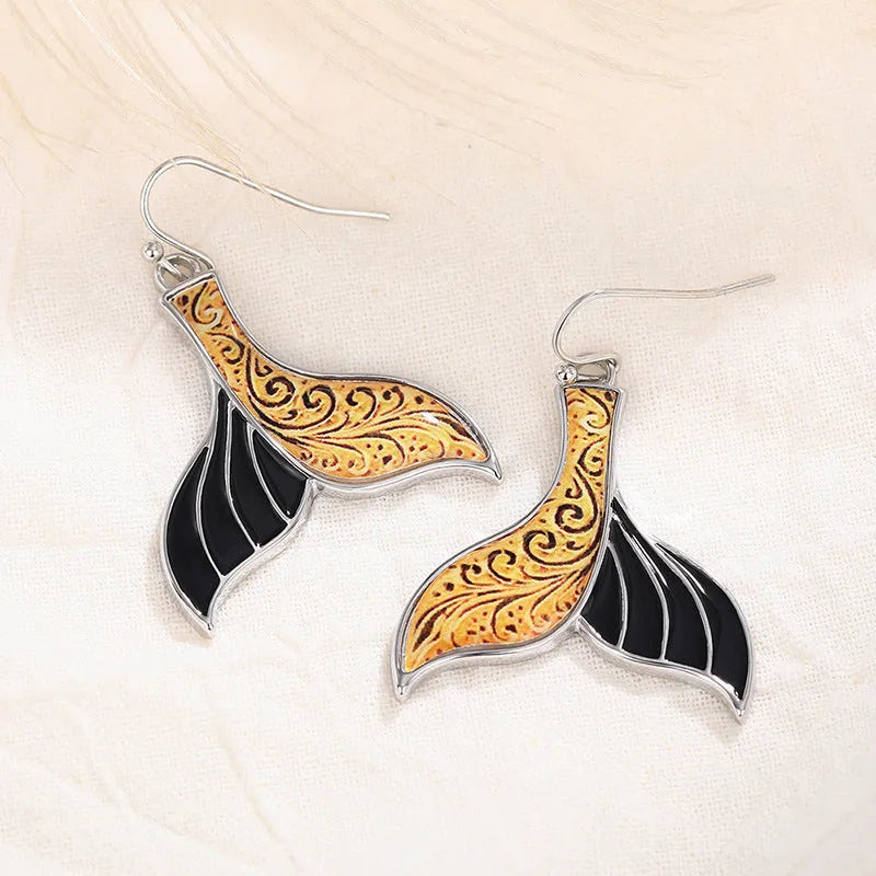 Women's fishtail earrings with whale design in white gold colour retro style alloy jewellery
