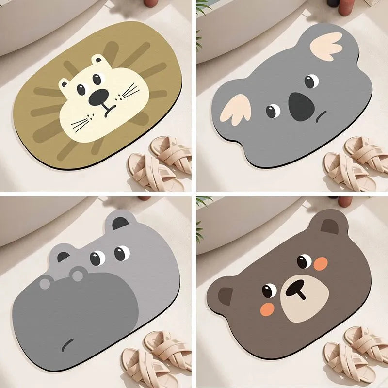 Diatomaceous earth bathroom mat with cartoon animal design in alien shape, non-slip absorbent surface