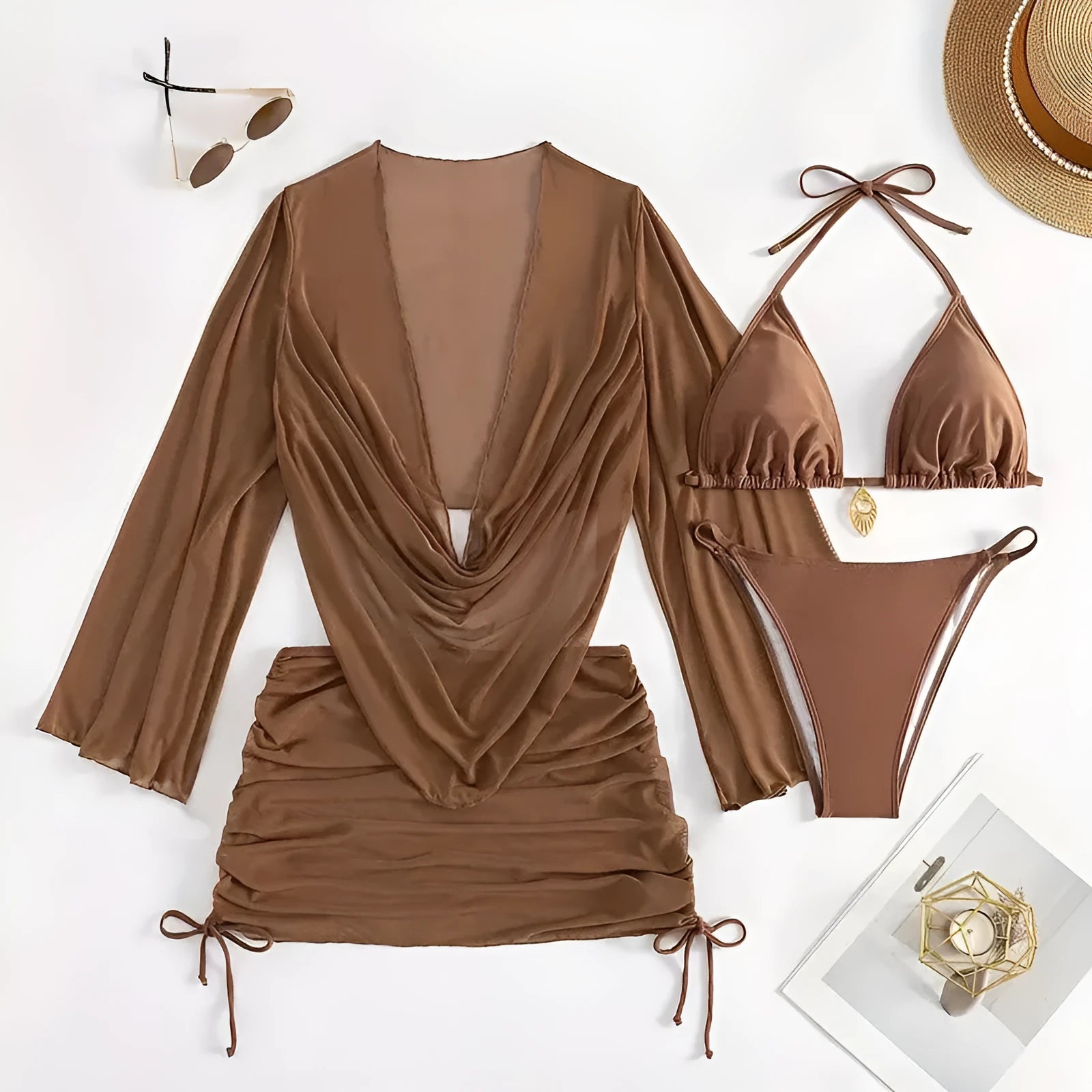 Dark brown women's lace-up bikini suit with backless briefs style on mannequin.