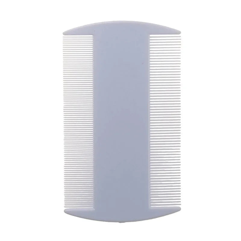 Plastic fine-toothed flea comb in assorted colours showing double-edged design for pet and human grooming