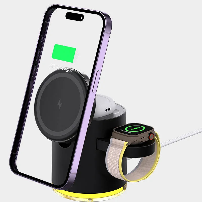 C16 ivory white and black magnetic folding three-in-one wireless charger for phone, watch, and earphones.
