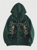 Men's black hooded sweatshirt with skull print and long sleeves in Harajuku style