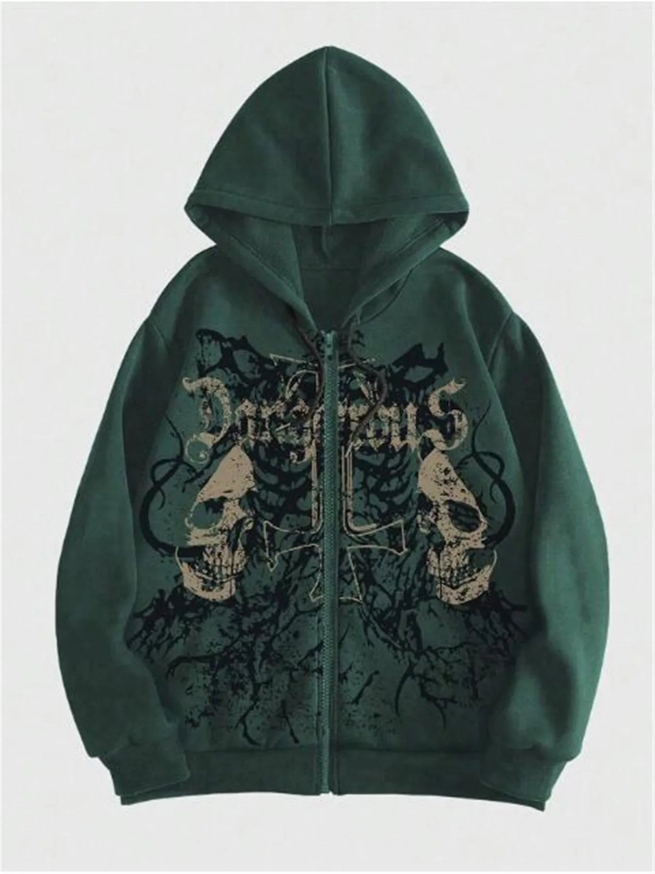 Men's black hooded sweatshirt with skull print and long sleeves in Harajuku style