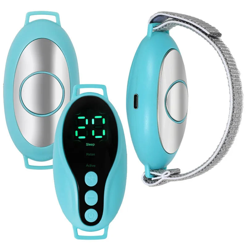 Blue and white USB rechargeable sleep aid device with adjustable wind speed settings