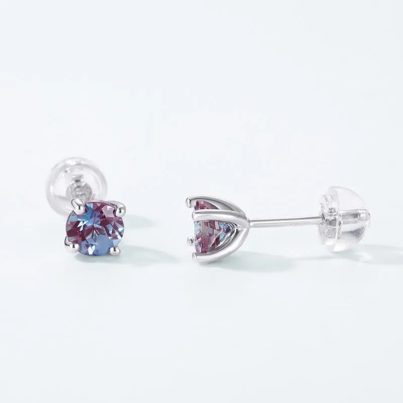 925 silver geometric ear studs with round cultivated Alexandrite stone