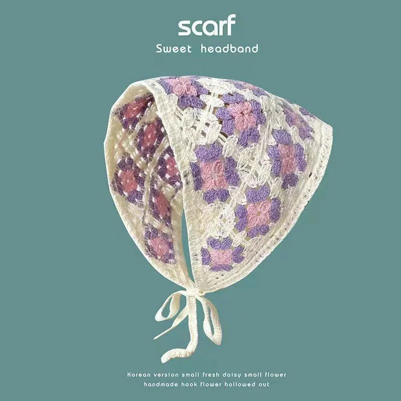 Cotton triangular headscarf with French retro floral pattern in multiple colour options