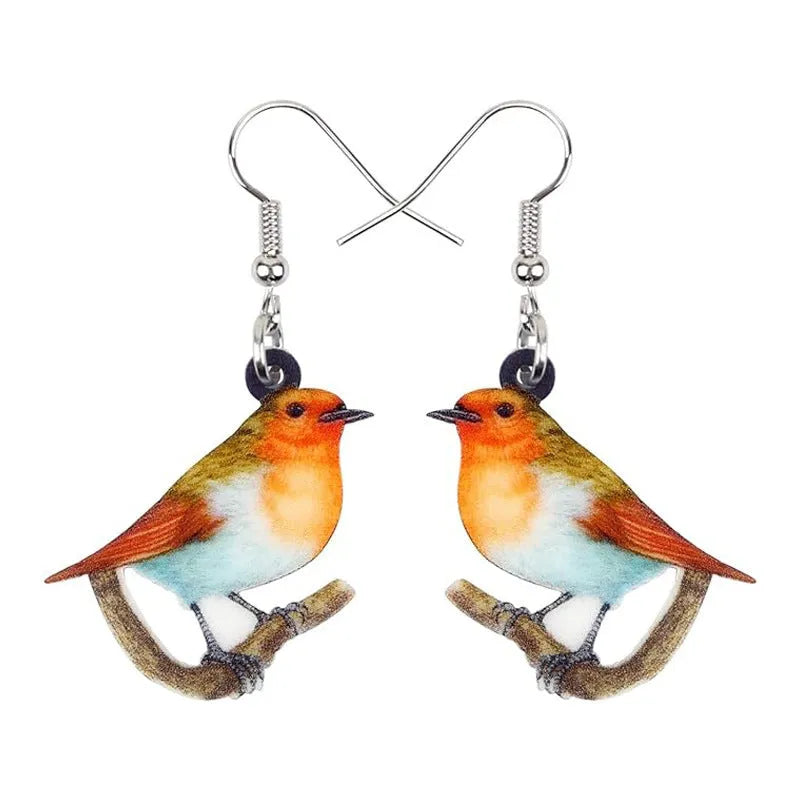 Blue titmouse bird pendant acrylic earrings with geometric drop design and snake chain links