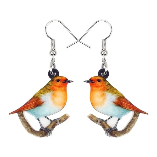 Blue titmouse bird pendant acrylic earrings with geometric drop design and snake chain links
