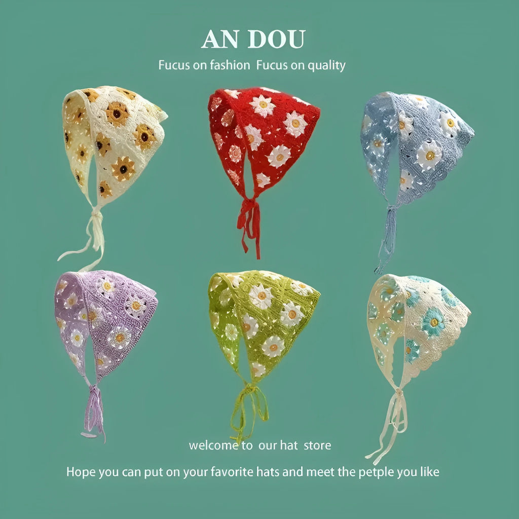 Cotton triangular headscarf with French retro floral pattern in multiple colour options