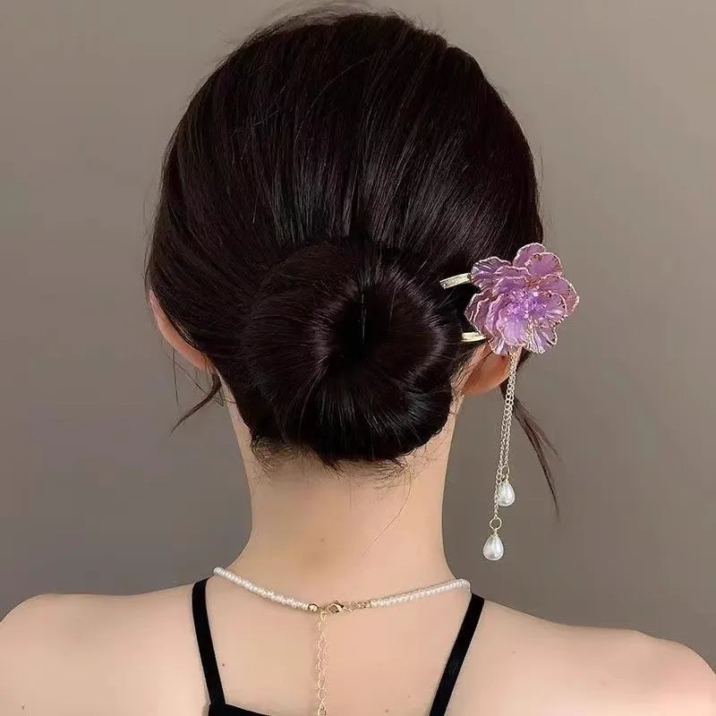 Purple and white retro peony flower with tassel on a U-shaped alloy hairpin.