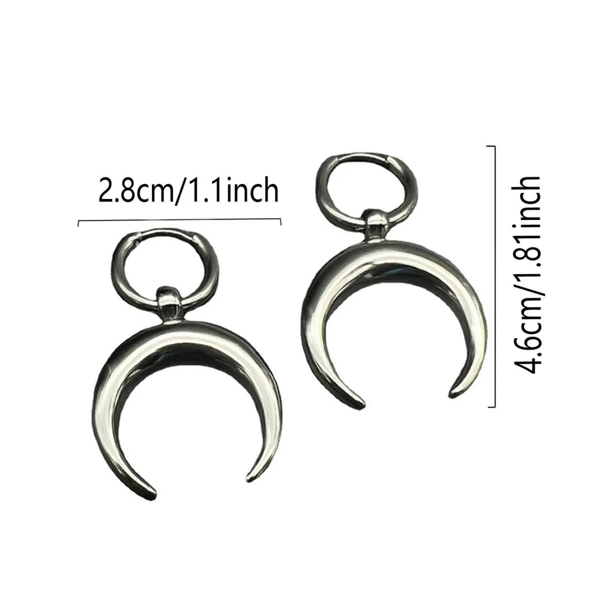 Silver alloy big hoop earrings with a gothic moon design and ear clip back.