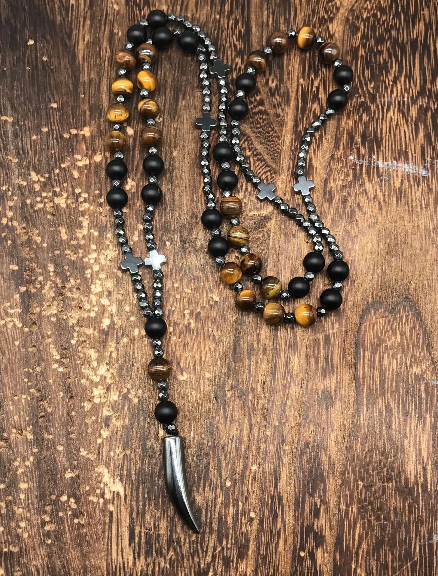 Men's stone cross pendant necklace with hand-woven detail on an 80cm ball bead chain.
