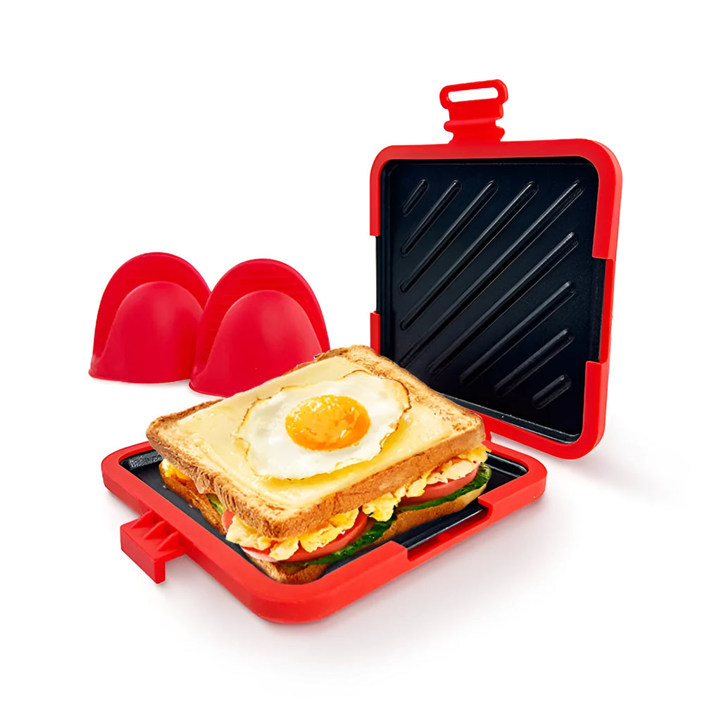 Red silicone handbag baking tray with matching heat-resistant gloves for oven safety