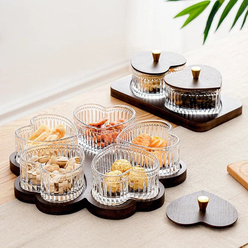 Glass retro serving platter with transparent heart-shaped lid showing multiple snack compartments